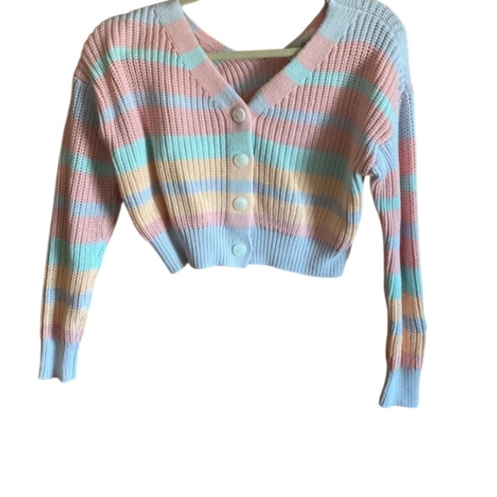 Jessica Simpson Striped Pastel Button-Up Cropped Cardigan